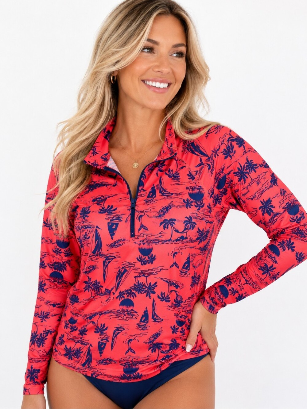 Trunks Surf & Swim Coral Pink Tropical Print Long Sleeve 50 SPF Guard Women's XL